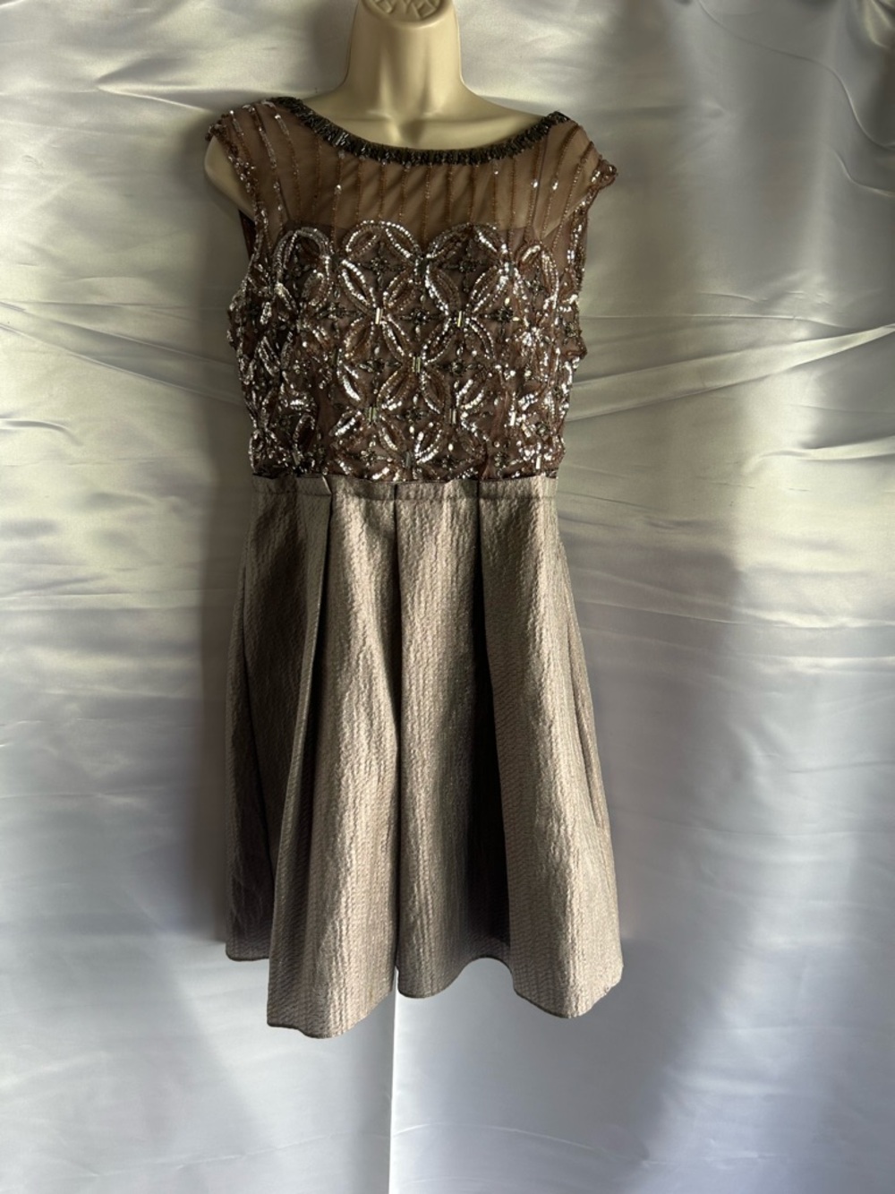 Kay Unger Silver-Gray Short Formal Evening Dress Label Detail Size 10 MSRP $249